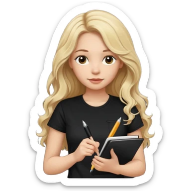 a beautiful blonde with long wavy hair-in-a-black-t shirt-a writes in a diary with a pen sticker