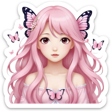 A Gorgeous Beautiful Anime Lady Sakura Cherry Blossom and Pretty Hair, pastelcore aesthetic, pastel pink and white, butterfly, Fairycore sticker