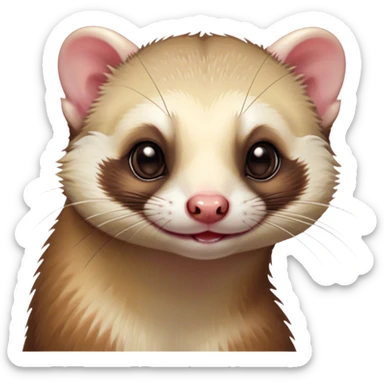 Cinematic Cute Ferret Portrait Emoji, Head tilted playfully, with an elongated, flexible body and a characteristically curious expression, featuring a short, pointed snout, bright, sparkling eyes, and soft fur in warm brown and cream tones, Simplified yet irresistibly adorable features, highly detailed, glowing with a warm, friendly glow, high shine, affectionate and lively, stylized with a touch of whimsical mischief, soft glowing outline, capturing the essence of a fun-loving and mischievous ferret that feels like it could scamper straight into your heart! sticker