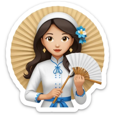a vietnamese woman wearing a white ao dai holding a folding fan elegantly, wearing a nón lá sticker
