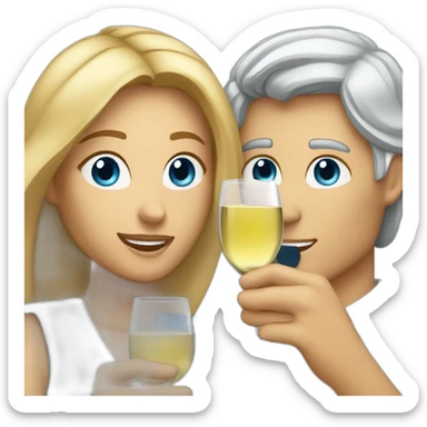 A white woman with brown eyes and blond medium long hair and a white man with blue eyes and grey hair, toasting with a glass of white wine sticker
