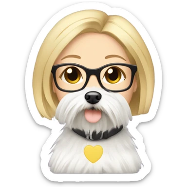 White girl blonde hair eyes closed wearing glasses hugs Yorkshire terrier  sticker