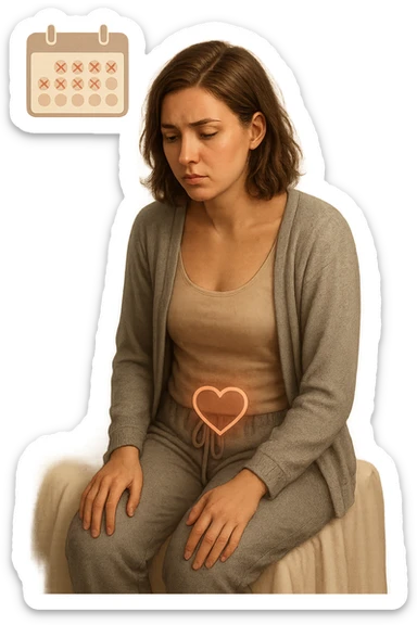 3D realistic medical illustration: a young woman in her 20s or 30s sits on the edge of a bed in a softly lit bedroom, looking thoughtful and slightly concerned. She wears comfortable loungewear, her posture is slouched, and her expression is subdued. Subtle visual cues—such as a faded calendar with missed menstrual cycles and a dimmed heart or energy icon near her abdomen—symbolize low libido and amenorrhea. The scene is realistic, intimate, and empathetic. sticker
