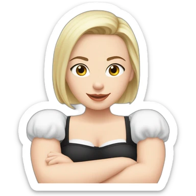 Front view curvy caucasian beauty sitting straight hands up black skirt white knickers white socks sticker