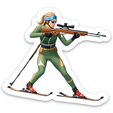 An icon featuring snow-covered trees, distant mountains, and a clear blue sky with a biathlete in motion, holding a rifle and skiing across a snowy course. Transparent background highlights the precision, endurance, and excitement of biathlon. sticker