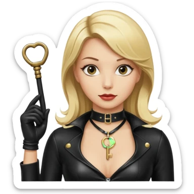 Dominatrix with blonde hair, latex outfit, old fashioned key necklace, and a whip sticker