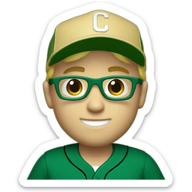 Blonde male, blue eyes, short hair with glasses. Dark green baseball uniform with hat and with "C" on the dark green hat. make the style slightly 3D with a diagonal angle. Crop from chest up sticker