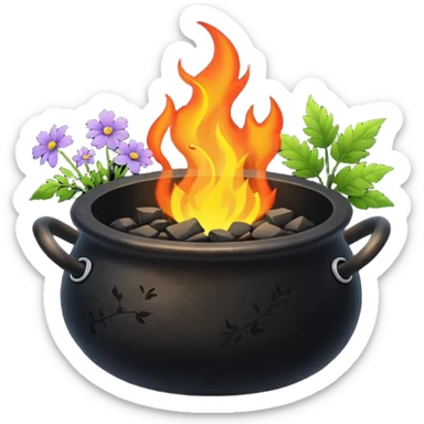 Black cauldron with herbs flowers and fire  sticker