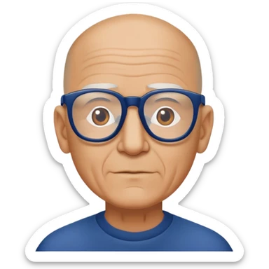 homme de 60 ans crane rasé avec lunette moture bleu marine sticker
