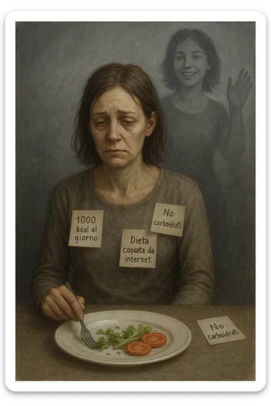Donna tra i 30 e i 40 anni seduta a tavola, davanti a un piatto quasi vuoto con solo insalata e due fette di pomodoro. Il suo volto è visibilmente triste, stanco, con occhi spenti. Intorno a lei, foglietti attaccati con scritte come '1000 kcal al giorno', 'No carboidrati', 'Dieta copiata da internet'. L’atmosfera è fredda, grigia, priva di energia. Il suo corpo appare spento e scarico. Sullo sfondo, la sagoma di sé stessa più felice e piena di vitalità, come ricordo di un approccio migliore mai seguito. Stile realistico e simbolico sticker