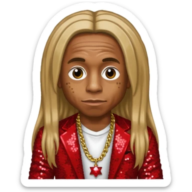 Lil Wayne with long dark blonde hair, red sequin outfit sticker