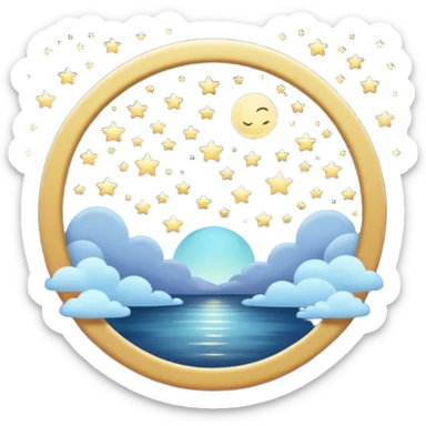 "Design a calming circle emoji for evening reflection. Soft moonlight, gentle stars, peaceful or spiritual symbols. No people - emphasize tranquil colors, night sky elements, and serene spiritual imagery." sticker