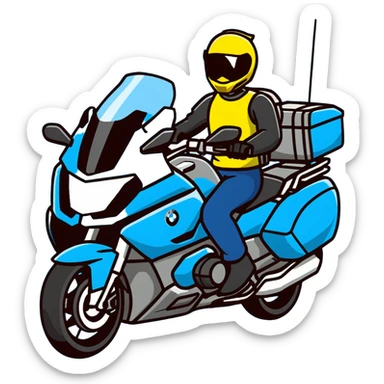 blue BMW RT1200 touring motorcycle with rider sticker