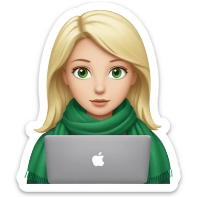blond women skine , with green eyes and scarf . with macbook sticker