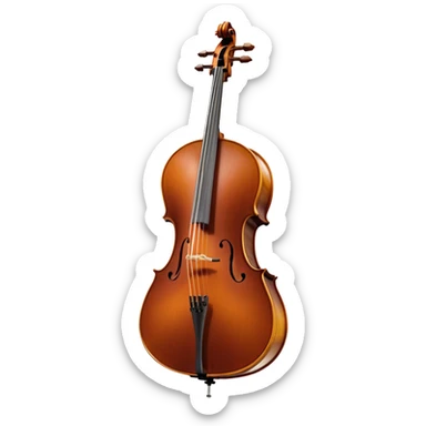 Create an elegant and refined emoji representing the Cremona cello with a Hans Klein HKCB bow. The design should feature the curved wooden body of the cello with a rich, glossy finish, capturing its classical shape and intricate details. The bow should be displayed with fine craftsmanship, highlighting the hair and the smooth, polished wooden stick. Include subtle musical notes floating around the instrument to emphasize its rich, melodic sound. Use deep wood tones like chestnut brown, gold accents for the fittings, and soft lighting effects to give the instrument a timeless, professional feel. The background should be transparent. sticker