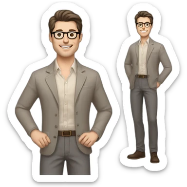Joyful Full height Pale skinned Fit Man With dark brown hair in gray classic jacket, beige office shirt, Brown pants and vintage glasses. Thrumbs of his palms are up sticker
