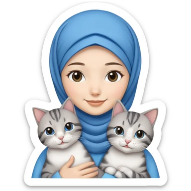 Asian White girl wearing  blue hijab and white dress holding a black grey tabby cat while smiling.  sticker