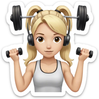 Blonde girl lifting weights, hair in a ponytail with brown beats headphones over ears sticker