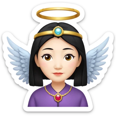 Angel Old Lady with wings black hair asian  smaller eyes w halo sticker