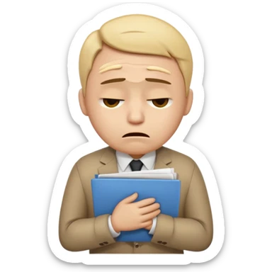  emoji character wearing a interview clothoes. face has a very sad crying, disappointed expression with drooping eyebrows and half-closed eyes. posture is dejected, with slumped shoulders. just rejected from  interview to get a job, holding CV. dont make it old person and dont specify any gender. sticker