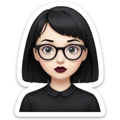 white woman with medium length black hair and baby bangs, glasses, with goth makeup and clothing  sticker