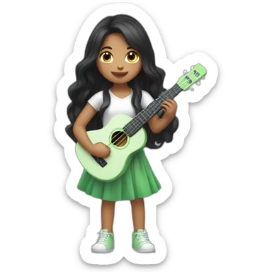 black-long-haired-fair-skin-girl-with-white-tshirt-playing-green-colored-ukulele sticker