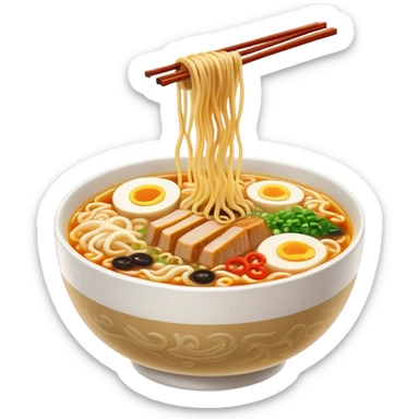Cinematic Realistic Ramen Dish Emoji, showcasing a steaming bowl of rich broth with noodles and toppings rendered with dynamic textures and inviting, warm lighting. sticker