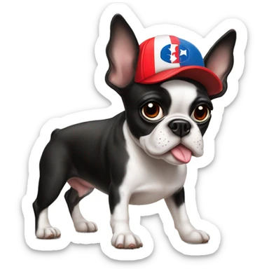 Boston terrier with a Puerto Rico baseball hat sticker
