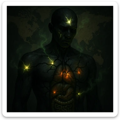 semi-realistic, high contrast human figure, black worm-like forms radiate to organs, glowing cracks, green mist, world map, focus on cracks as parasite entry points sticker
