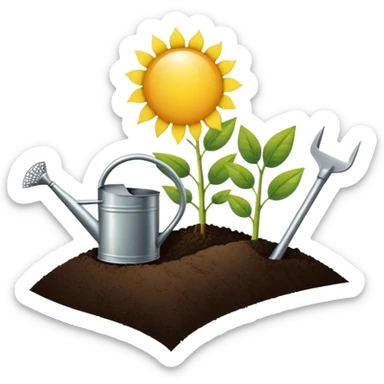 An icon featuring a plant growing from the soil, a watering can, and agricultural tools, symbolizing agronomy. The design includes a farm field, crops, and a sun, representing the study of plants, soil, and agricultural systems. Transparent background highlights sustainable farming and growth. sticker