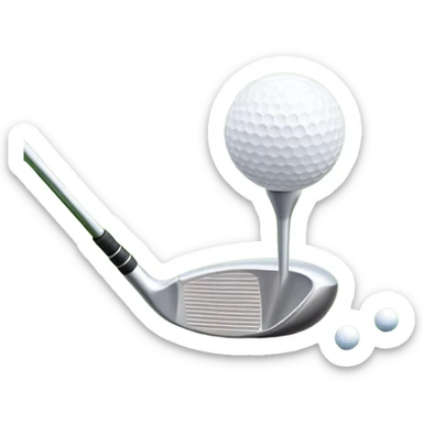 A golf ball on a tee with a golf club placed beside it, set against the backdrop of a well-manicured green golf course. The scene emphasizes the equipment and serene atmosphere of the sport, with soft lighting and a peaceful, open landscape sticker