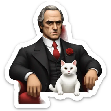 vito corleone as a mafia boss sitting on a red chair petting a white cat on his lap sticker