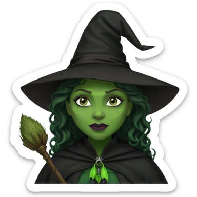 elphaba wicked witch with broom close up, evil dark curly long dark hair, green skin, thick green lips, cheekbones, smirk evil menacing cythia erivo dark aesthetic black hat cloak black broom sticker