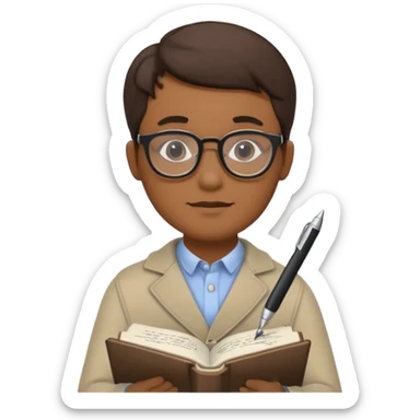 man hold a pen in hand write in book , wearing glasses sticker