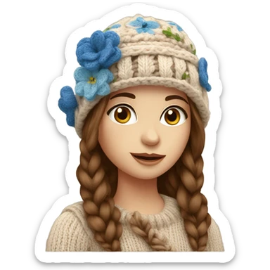 beautiful finnish brown hair woman with blue eyes knitting floral hat sticker