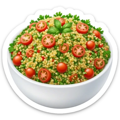 Cinematic Realistic Tabbouleh Salad Dish Emoji, showcasing a fresh herbaceous salad with bulgur, tomatoes, and parsley rendered with crisp textures and natural, vibrant lighting. sticker