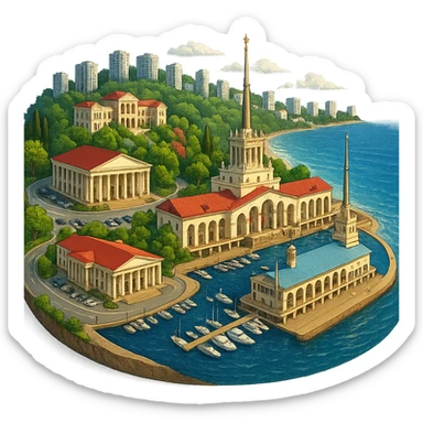 Изометричная, яркая, детализированная и фотореалистичная иллюстрация панорамы города Cочи на круглой подставке в стиле 3D-коллажей городов, ОДНО! здание Морского Порта, ОДИН! Зимний театр, санаторий Орджаникидзе, море чёткие линии, слегка мультяшная стилистика, прозрачный фон, не обрезать края картинки sticker