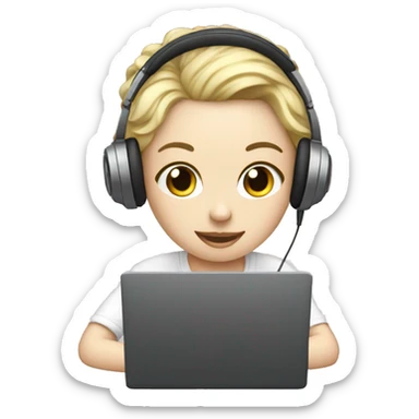 A white skinned person editing videos on laptop with headphones sticker