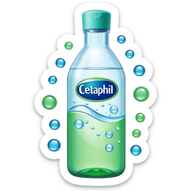Cetaphil white bottle with light green flip cap and blue-green label, glowing softly. Surrounded by tiny light orbs and silky sparkles flowing like hydration waves. Feels like a gentle skin shield potion in a glossy, minimalist flask. sticker