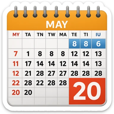 Edit the image to change the text 'May2' to 'May' and enlarge the number '20'. The style is emoji style, so keep the emoji look and feel. Remove the background so the subject is isolated. sticker