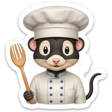 A rat with a fringe, long black hair and chefs hat sticker