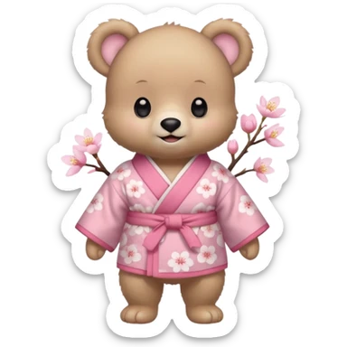 A cute baby bear character in pastel style, standing upright like a human. 
Light brown soft fur, large round ears, rounded paws and feet. 
Big cute black dot eyes, medium blush cheeks, and a tiny smiling mouth. 
Wearing a pink kimono with soft cherry blossom patterns on the sleeves and bottom,  sticker