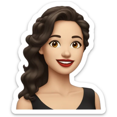 young-white-woman-with-dark-brown-eyes,-dark-long-hair,-red-lips,-big-smile,-black-dress sticker