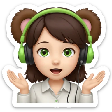 Chibi girl, dark brown hair, green eyes, wearing a white shirt and small brown bear ears on a headset, with wide happy surprised eyes and mouth and clapping excitedly sticker
