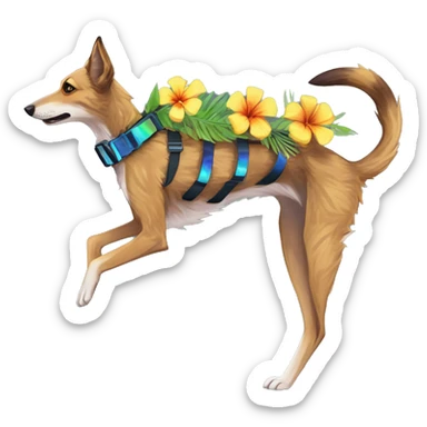  brindle brown black maroon striped lurcher Alsatian fox running blue eyes and iridescent holographic oilslick harness wearing paper iridescent tropical flower crown yellow caution tape sticker