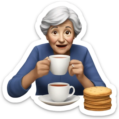 3d hyper realistic senior woman drinking a cup of tea with a biscuit  sticker