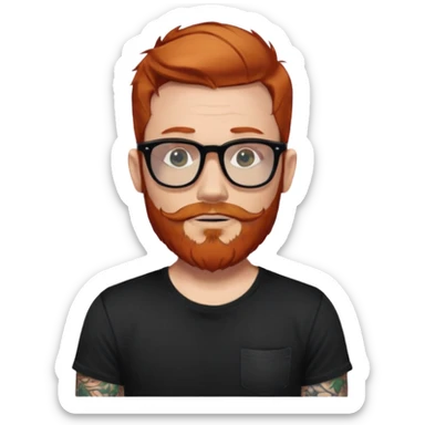 Svelte looking redhead man with sleeve tattoos and a beard and rayban glasses, 38 years old but younger looking sticker