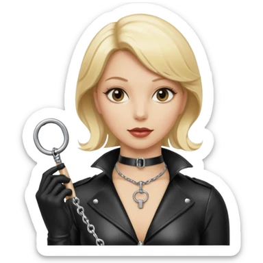 Dominatrix with blonde hair, latex outfit, old fashioned key necklace, and a whip sticker