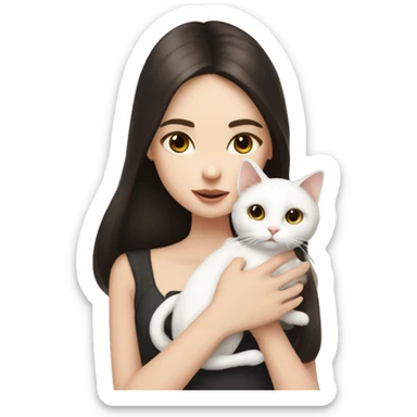 A pale girl with dark brown hair and dark brown eyes holds and kisses a white cat in her hands  sticker