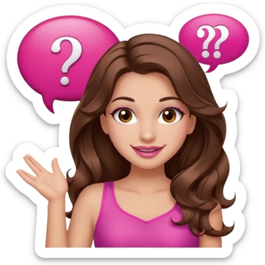 girl with long wavy brown hair, brown eyes, long lashes makeup, sexy pink lips, light to medium complexion, wearing a pink sexy top, shugging, smiling, question mark one speech bubble sticker